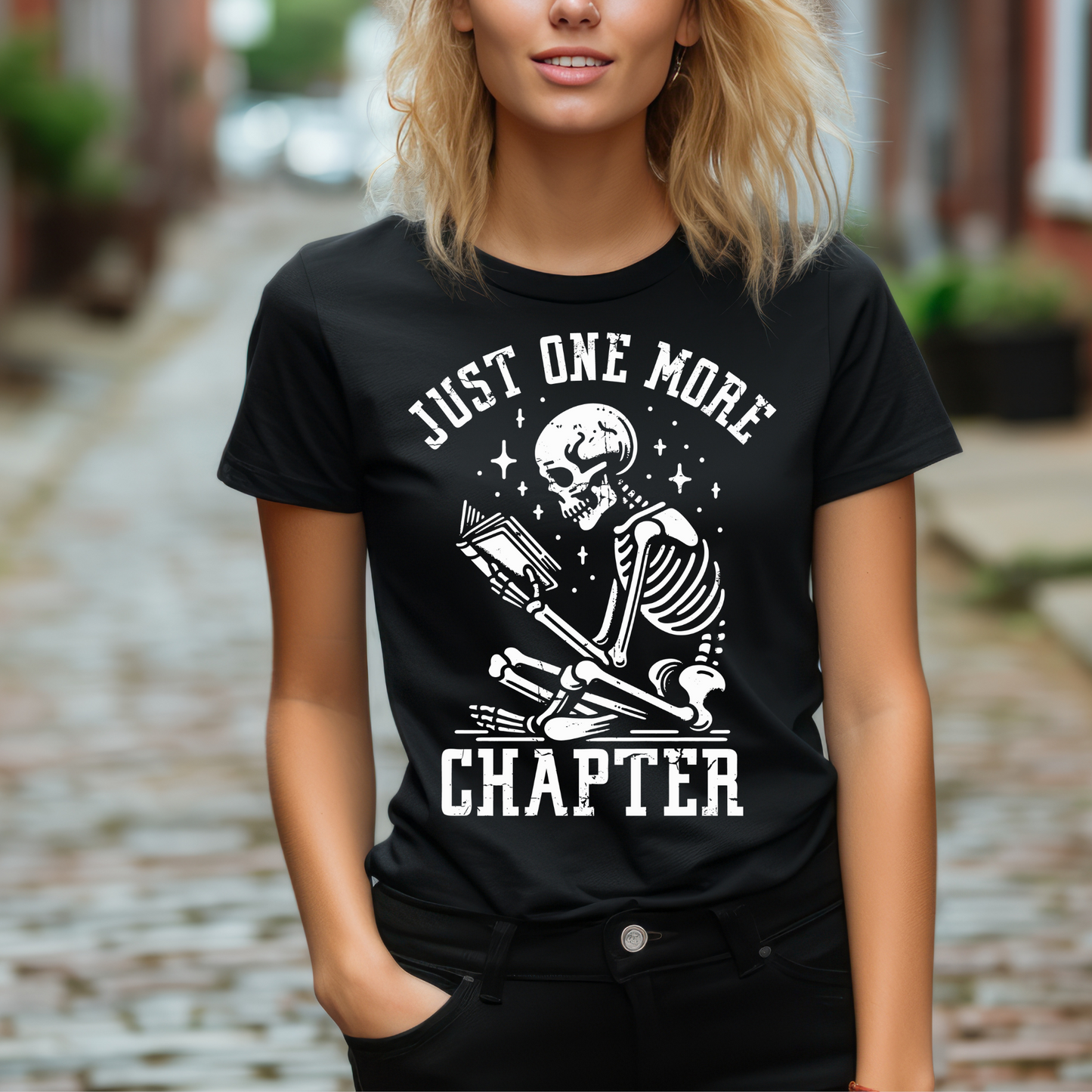 "Just One More Chapter" Skeleton Book Lover T-Shirt