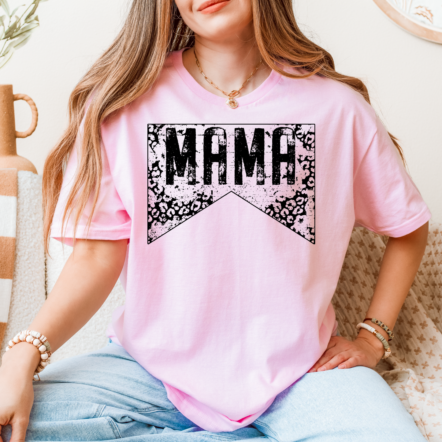 Trendy Mama T-Shirt | Leopard Print Distressed Banner Tee for Moms