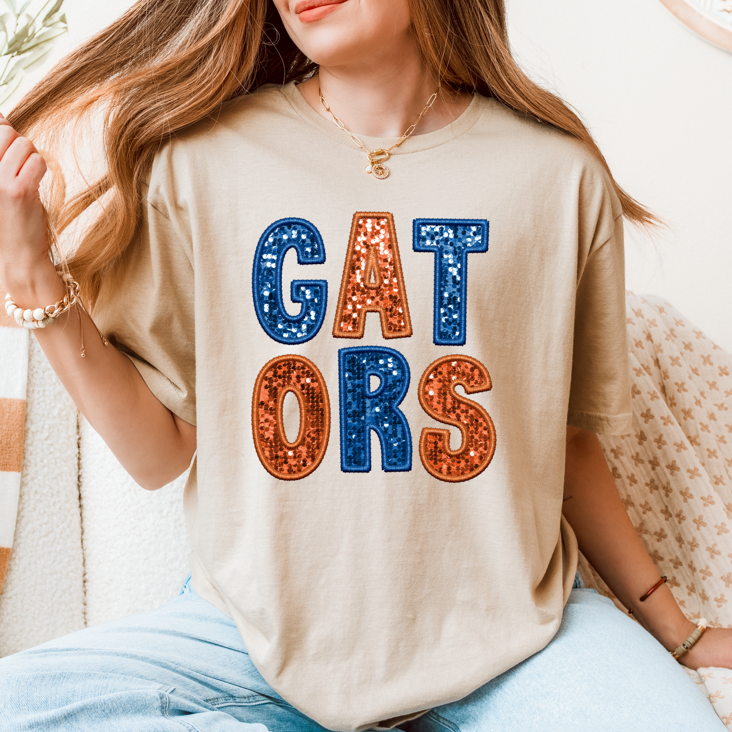 Florida Gators Sequin Letter T-Shirt – Game Day Glitter Tee | Orange & Blue Football Shirt for Women