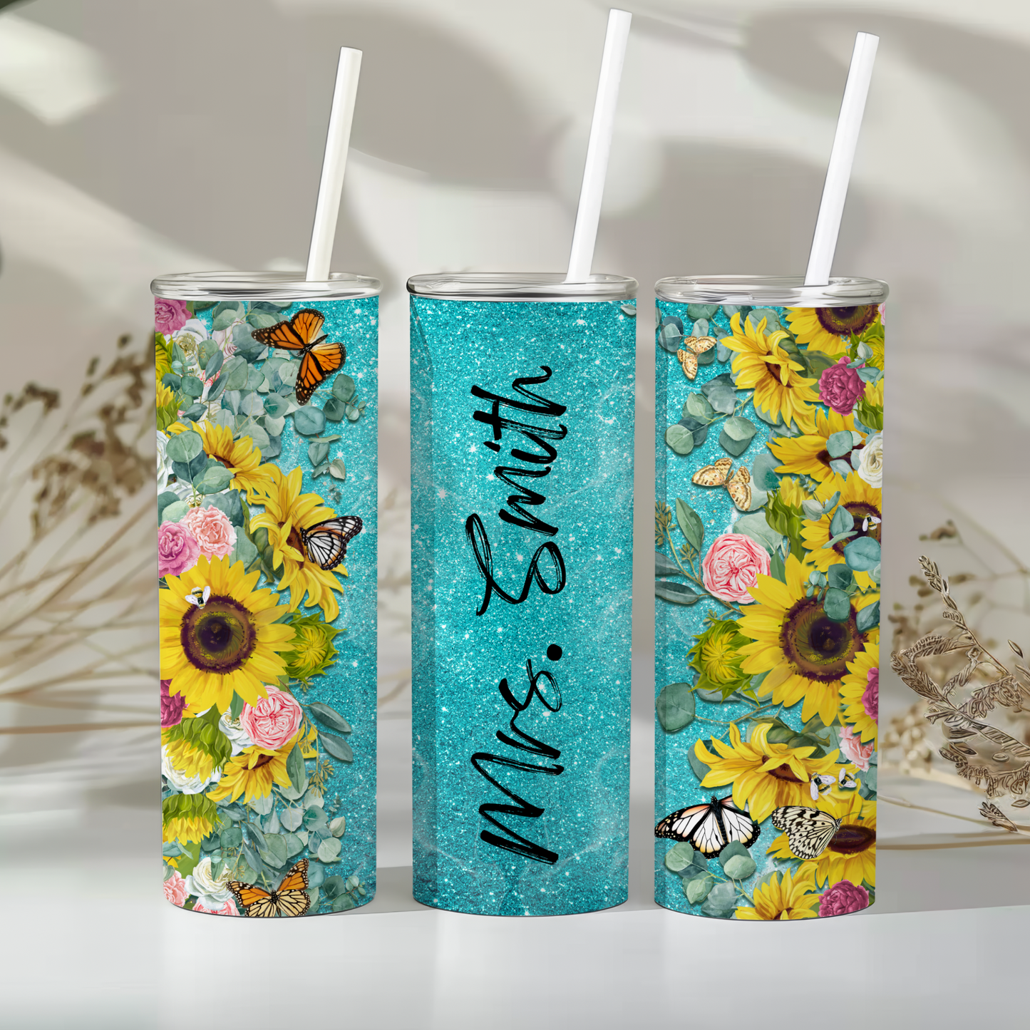Personalized Butterfly Floral Tumbler – 20 oz Skinny Glitter Cup with Name Customization