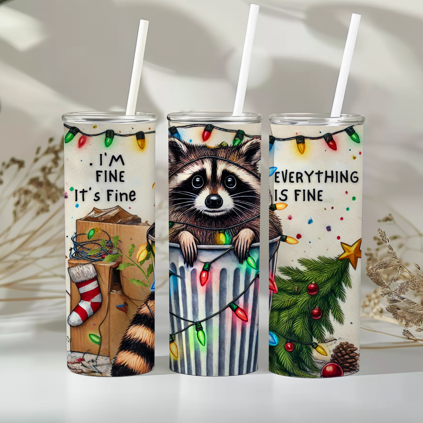 š¦ "I'm Fine, Itās Fine" Raccoon Christmas Tumbler