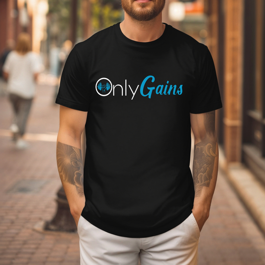 OnlyGains T-Shirt – Funny Fitness Gym Workout Shirt for Men & Women
