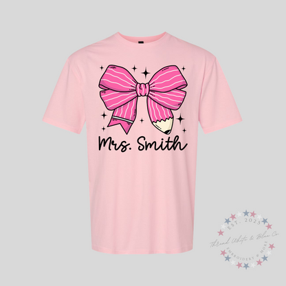 Personalized Pink Pencil Bow T-Shirt
