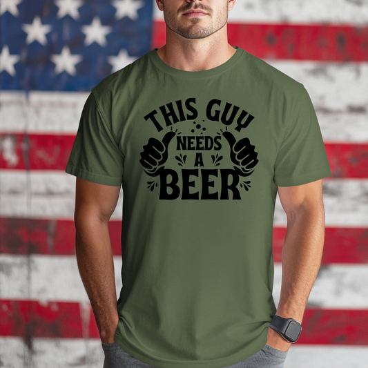 Funny “This Guy Needs a Beer” T-Shirt for Men | Party, BBQ, Tailgate Shirt