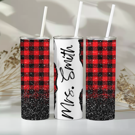 Christmas 20 oz Tumbler – Red Buffalo Plaid & Black Glitter with Personalized Name