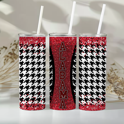 Alabama Tumbler – 20oz Glitter Houndstooth Stainless Steel Cup with Lid & Straw