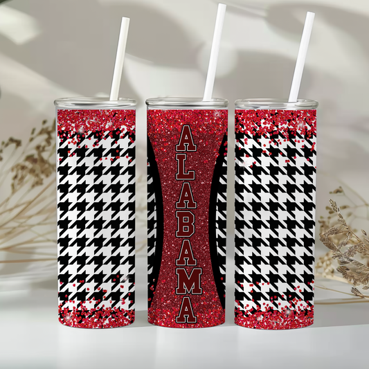 Alabama Tumbler – 20oz Glitter Houndstooth Stainless Steel Cup with Lid & Straw