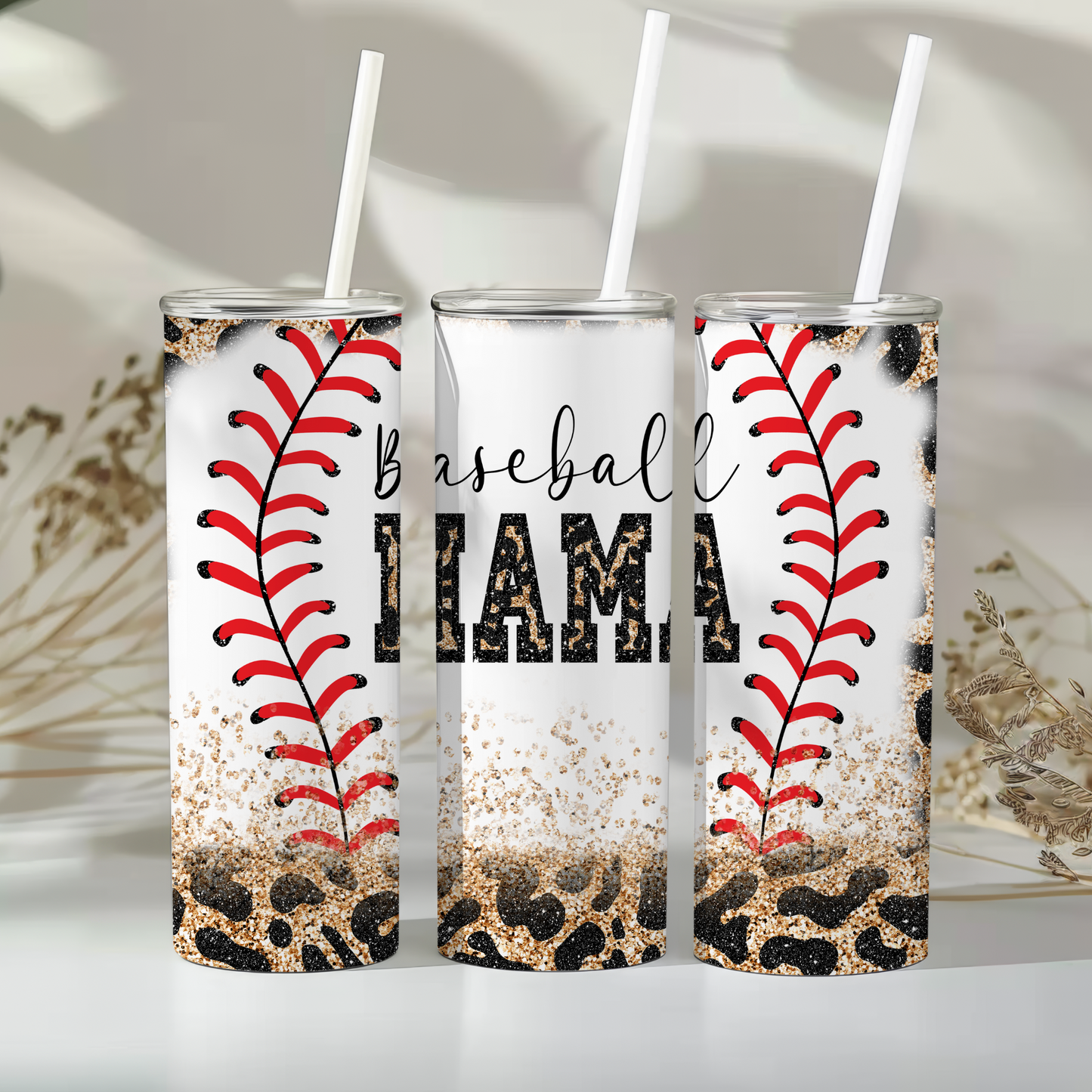 Baseball Mama 20 oz Tumbler – Glitter Leopard Print Baseball Stitch Cup