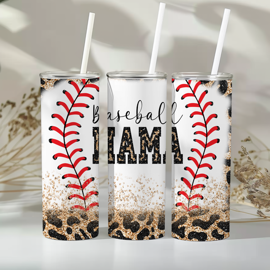 Baseball Mama 20 oz Tumbler – Glitter Leopard Print Baseball Stitch Cup
