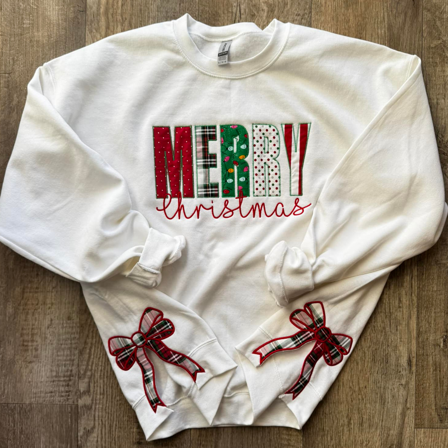 Merry Christmas Appliqué Crewneck with Cut-Out Side Bows