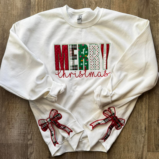 Merry Christmas Appliqué Crewneck with Cut-Out Side Bows