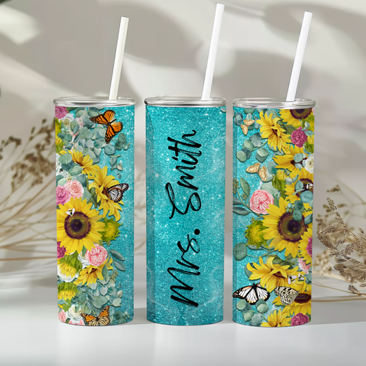 Personalized Butterfly Floral Tumbler – 20 oz Skinny Glitter Cup with Name Customization