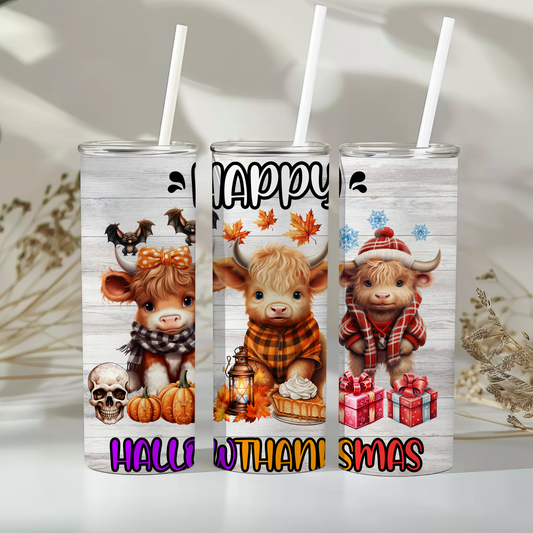 🐮 Highland Cow Holiday Tumbler -(Halloween, Thanksgiving & Christmas)