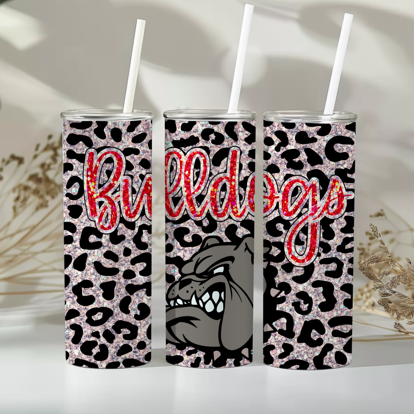 Bulldogs 20 oz Tumbler – Glitter Leopard Print |Sports Team Spirit Drinkware