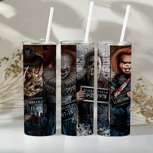 Halloween Horror Mugshot 20 oz Tumbler – Spooky Movie Villains Cup
