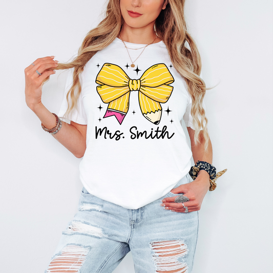 Personalized Pencil Bow Teacher T-Shirt