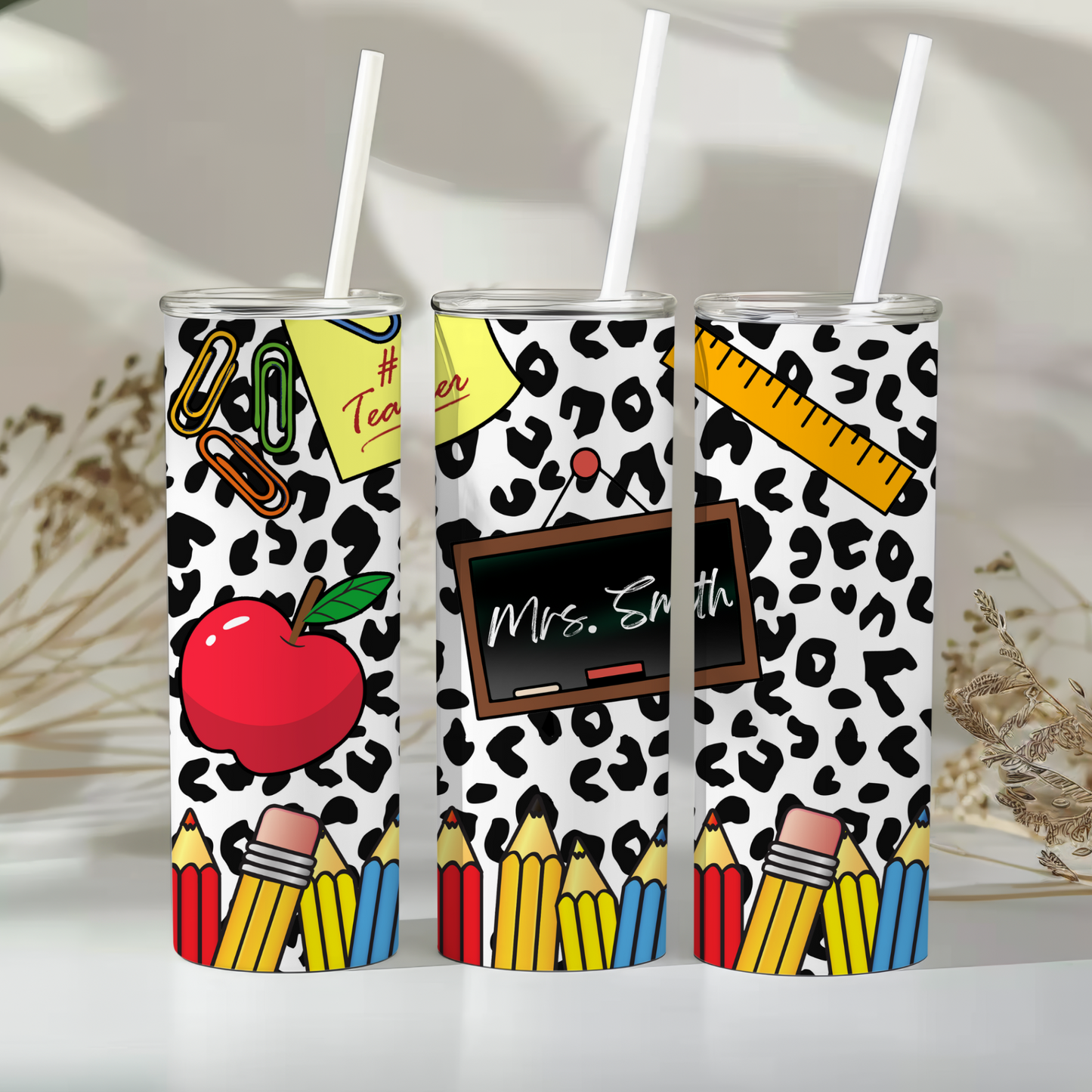 Teacher 20 oz Tumbler – Personalized Leopard Print School Theme Cup