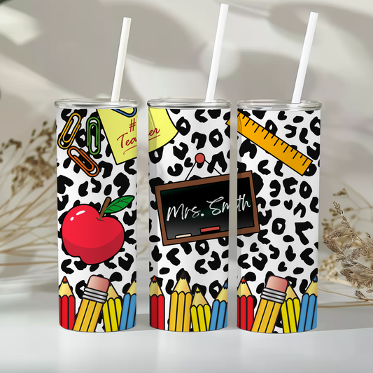Teacher 20 oz Tumbler – Personalized Leopard Print School Theme Cup