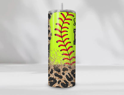 Softball Mama 20 oz Skinny Tumbler – Leopard Glitter Softball Design