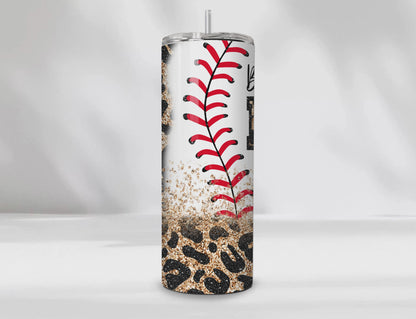 Baseball Mama 20 oz Tumbler – Glitter Leopard Print Baseball Stitch Cup