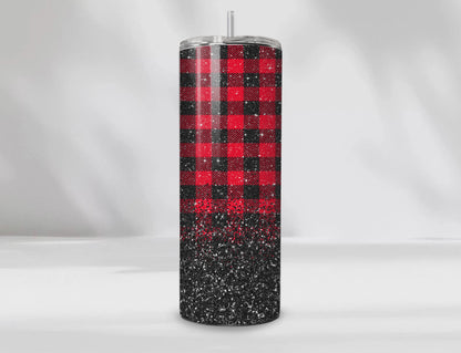 Christmas 20 oz Tumbler – Red Buffalo Plaid & Black Glitter with Personalized Name