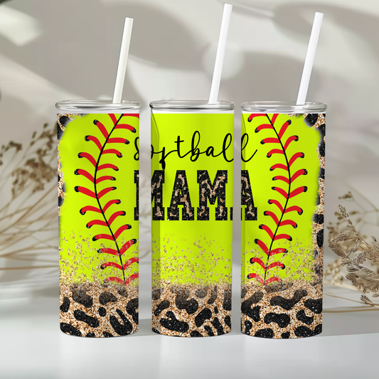 Softball Mama 20 oz Skinny Tumbler – Leopard Glitter Softball Design